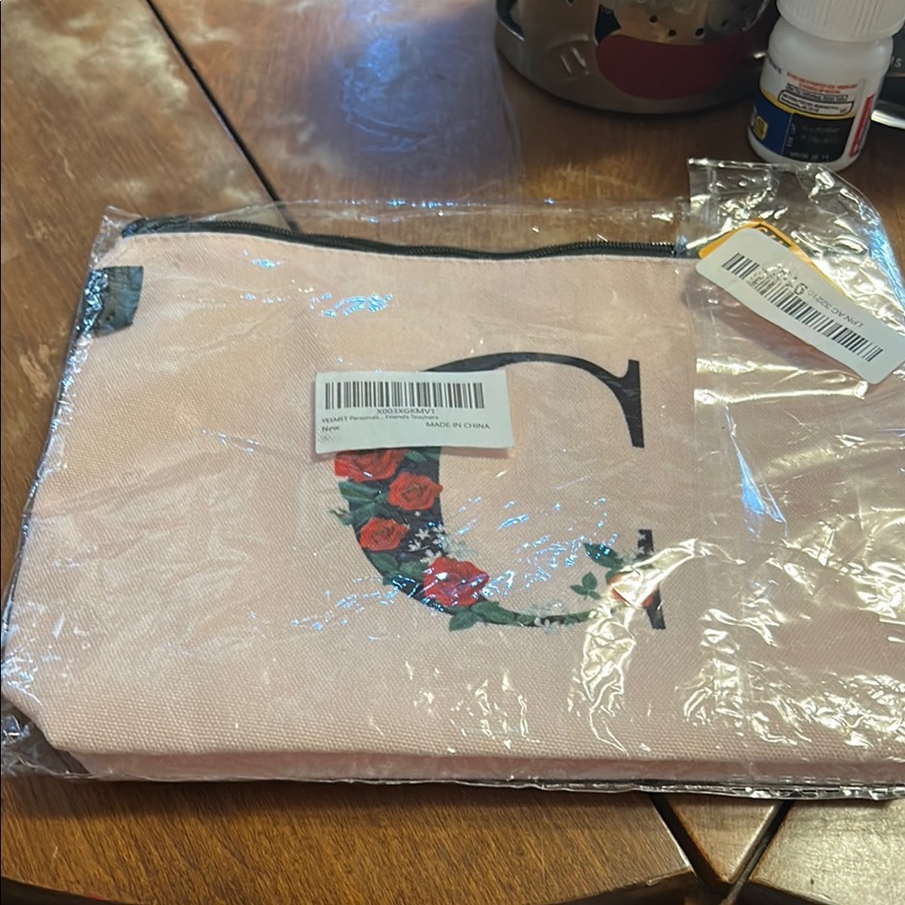 Pink Canvas Pouch with Floral Letter C